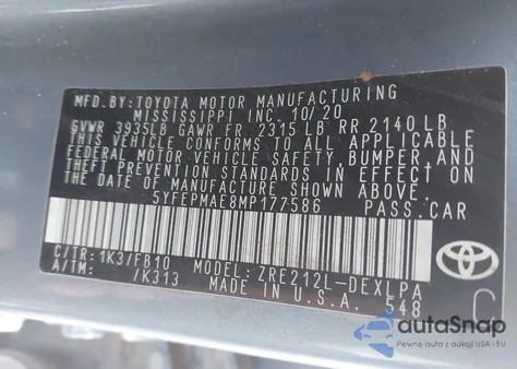 2021 Toyota Corolla Le z USA, uszkodzony, nr VIN 5YFEPMAE8MP177586